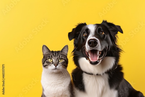  Cat and dog together with happy expressions on yellow background.
