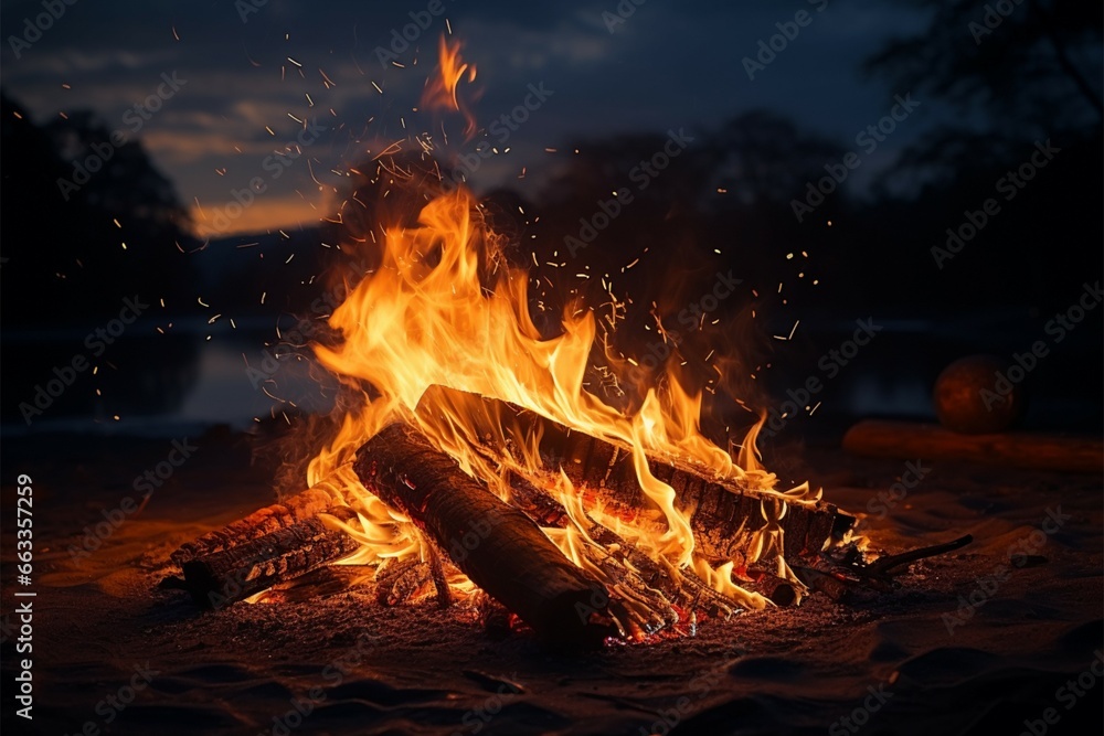 Darkness comes alive with campfire flames and sparkling embers Darkness comes alive with campfire flames and sparkling embers