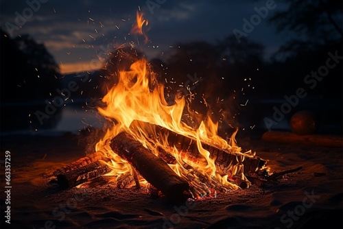 Darkness comes alive with campfire flames and sparkling embers
