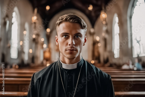 Uno sguardo di Fede, ritratto di un Giovane Prete Cristiano in Chiesa, A Look of Faith, Portrait of a Young Christian Priest in Church photo