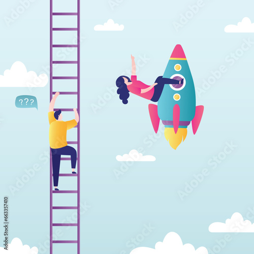 Slow employee climbing on career ladder, successful businesswoman rises to success on rocket, new technology and innovation help win business competition. Colleagues competitors