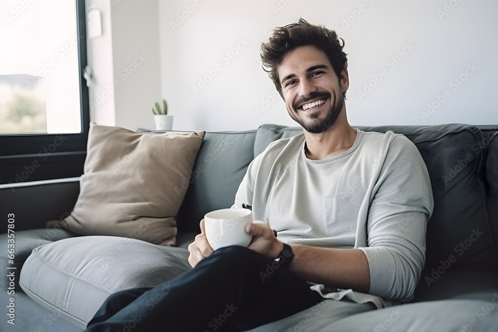 Happy attractive man sitting on his couch in his cozy home, smiling hispanic man sitting on sofa in living room holding a cup of coffee in hand Happy attractive man sitting on his couch in his cozy home, smiling hispanic man sitting on sofa in living room holding a cup of coffee in hand