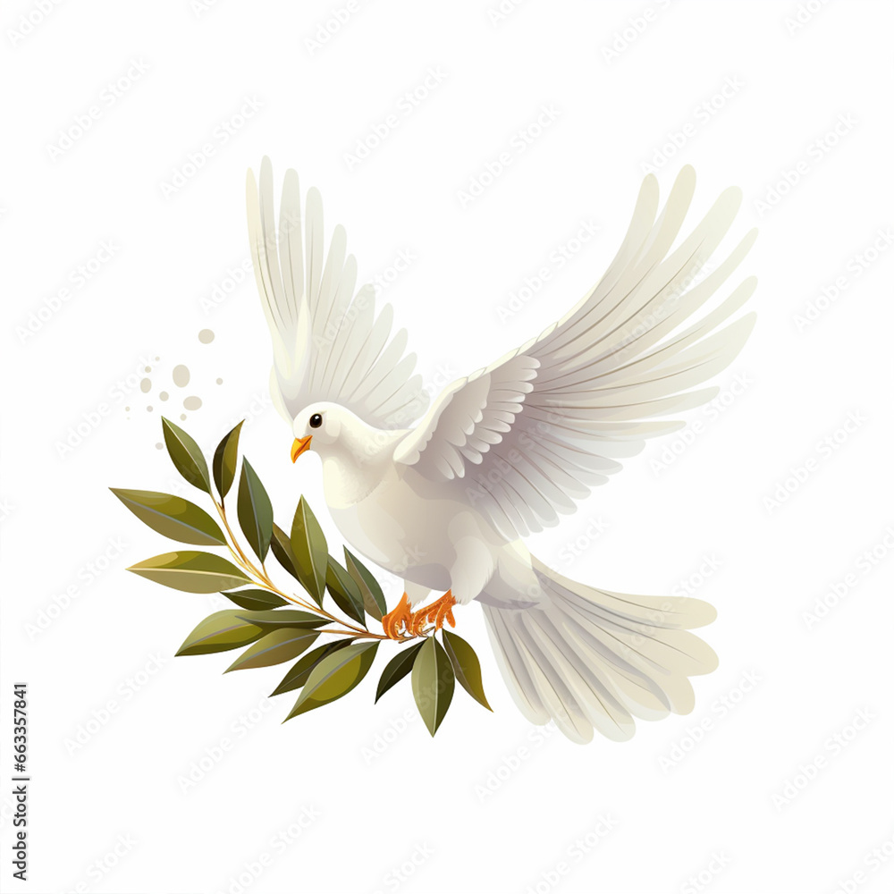 Fototapeta premium Flying white dove with green olive isolated on a white background