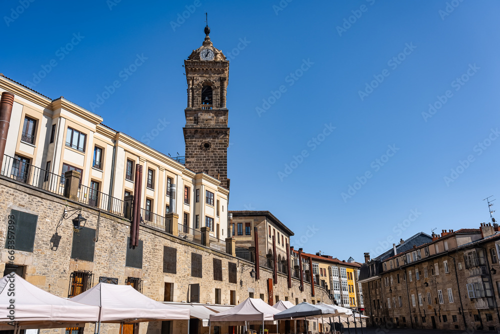 Plaza del Machete with its medieval church in the city centre of Vitoria, Basque Country.