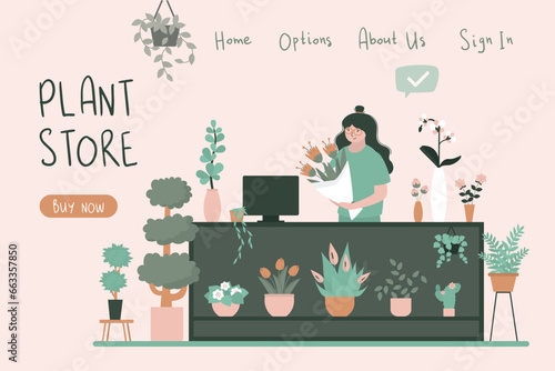 Woman florist selling bouquets and home plants at flower shop. Female seller behind counter and sells plants and flowers. Gardening and plant store, landing page template.