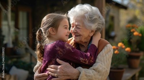 Caucasian granddaughter hugging her grandmother in the garden. Generative AI. photo