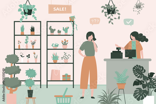 Woman florist selling bouquets and home plants at flower shop. Female seller standing behind counter, client select plants and flowers. Gardening shop. Gardening and growing plants business.