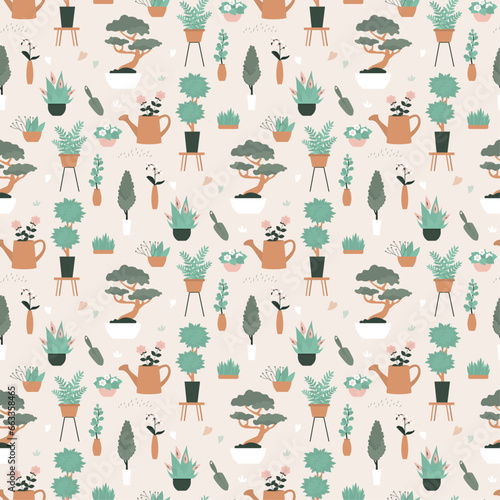 House plants seamless pattern. Trendy home decor with plants, texture template. Flowers in pots, accessories and tools. Green seamless tropical floral pattern. Repeat background.