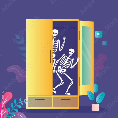 Skeleton in the closet or cupboard. Metaphoric idiom. Funny cartoon illustration of saying. Humans fears and experiences, unexpected discoveries, secrets and mysteries.