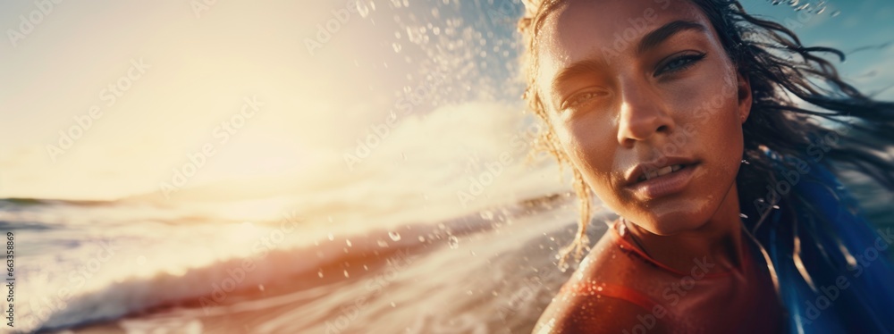 Vibrant close up photo of a surfer girl on ocean coast with her board at sunset with copy space