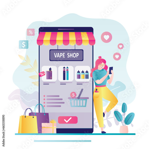 Vape digital shop. Vape smoke accessories online application, e-cigarette shop app on smartphone screen. Woman customer buying various electronic vaporizers and e-cig in store.