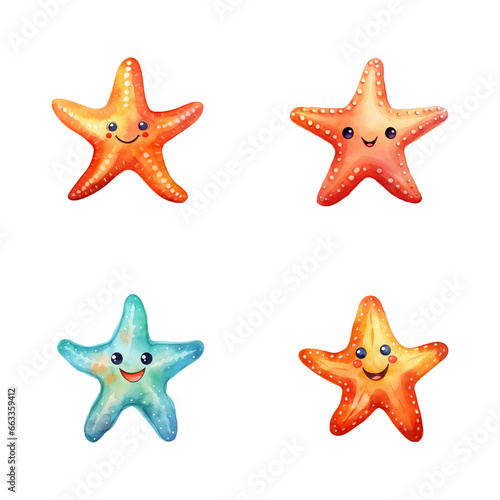 set of happy cute starfish watercolor illustrations for printing on baby clothes, pattern, sticker, postcards, print, fabric, and books