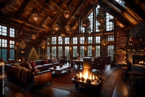 A remote mountain lodge decorated with natural elements like pine cones, boughs, and hand-carved wooden ornaments
