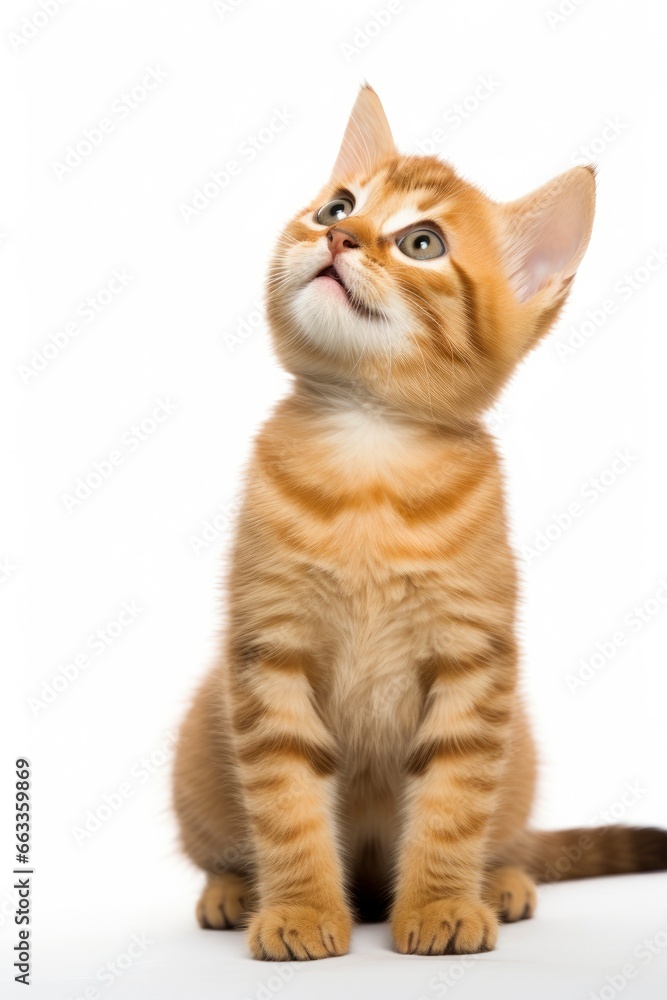 Playful funny kitten looking up isolated on a white background.