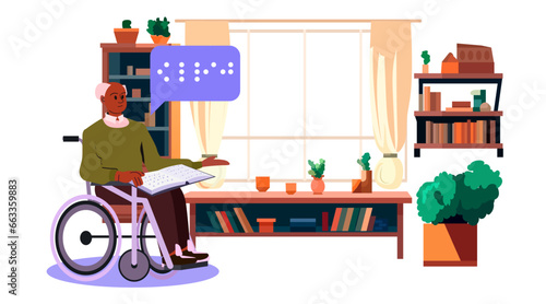 blind man in wheelchair reading with braille alphabet people with disabilities concept living room interior horizontal