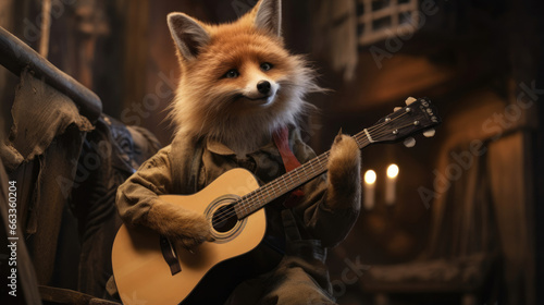 Fox strumming a rustic wooden guitar