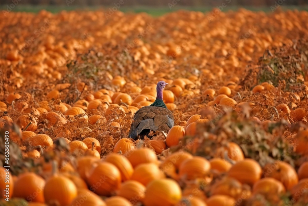 Thanksgiving: turkey in a pumpkin field. Generative AI