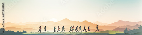 marathon, runners running in nature drawing flat graphics background minimalism © kichigin19