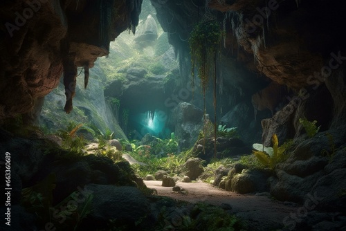 A breathtaking hidden cave with glowing crystals and shimmering gems at sunrise, blending fantasy and serenity. Generative AI