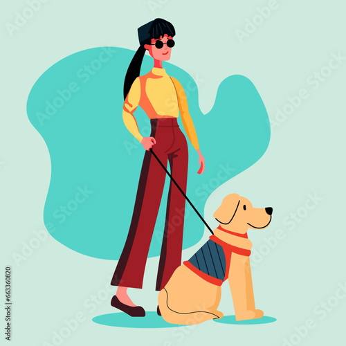 blind woman walking with guide dog assistant animal leading female character confident navigation people with disabilities concept