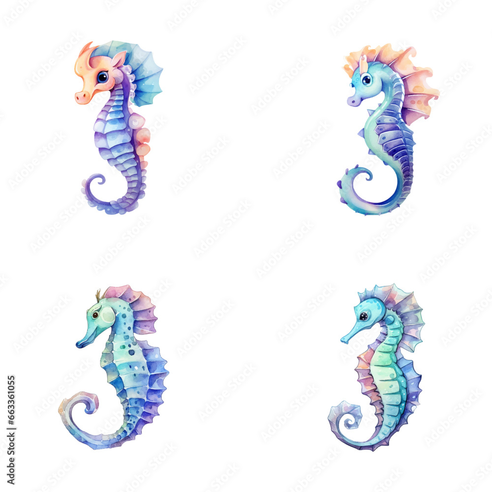 Fototapeta premium set of happy cute seahorse watercolor illustrations for printing on baby clothes, pattern, sticker, postcards, print, fabric, and books