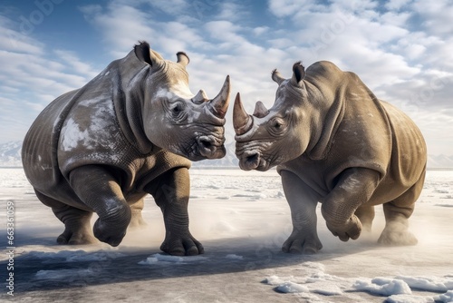 Two Rhinoceros getting ready for fight on Ice.