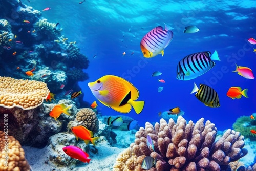 Underwater world with corals and tropical fish. © MDMOHAMMODULAH