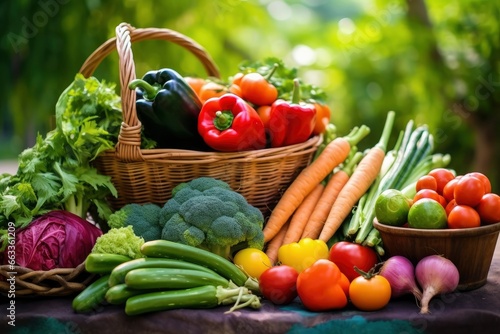 Variety of fresh organic vegetables and fruits in the garden.