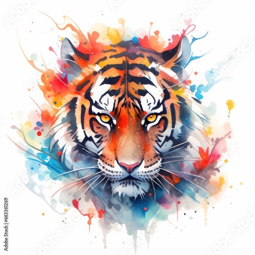 Watercolor tiger head on isolated with white background.