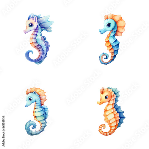set of happy cute seahorse watercolor illustrations for printing on baby clothes, pattern, sticker, postcards, print, fabric, and books