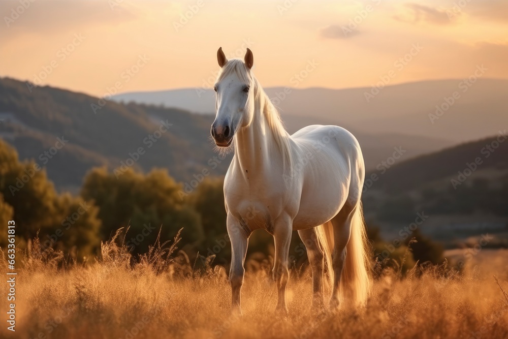 White horse or mare in the mountains at sunset. - obrazy, fototapety, plakaty 