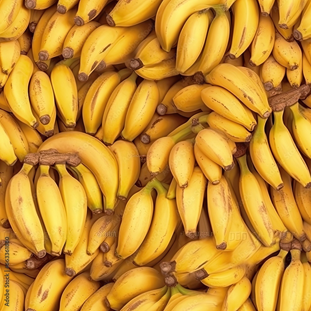 Seamless background of ripe bananas. Generated by AI.