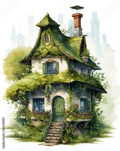 Watercolor mossy cottage isolated on white background.