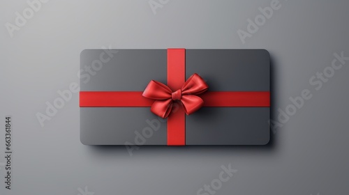 Black gift box with red bow on grey background