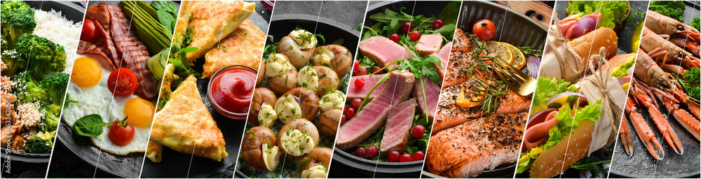 Collage of different assortment of various dishes, food and snacks. Food banner. - obrazy, fototapety, plakaty 