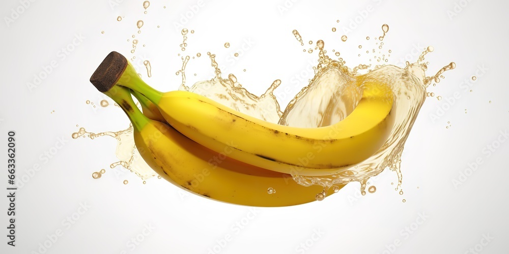 photo of yellow and ripe bananas falling into clear water. generative AI