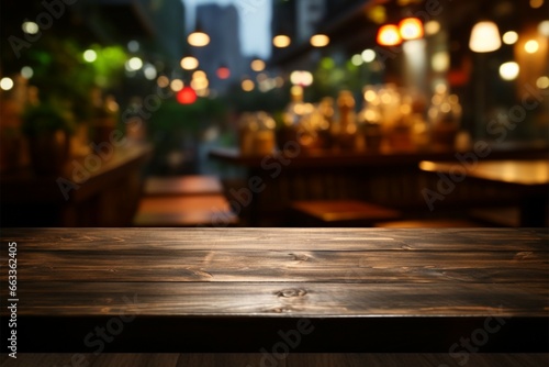 Empty wooden table against a blurred restaurant backdrop for product mock ups
