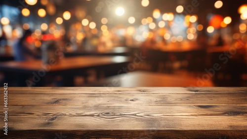 Empty wooden table in a restaurant, perfect for showcasing your products © Jawed Gfx