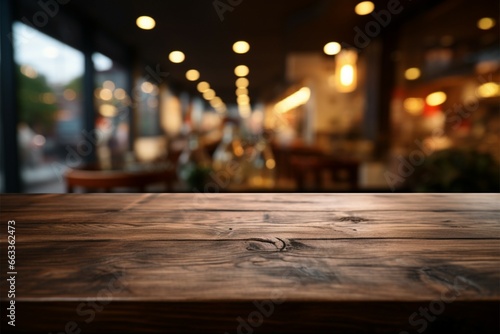 Empty wooden table in restaurant, ideal for product display mock ups