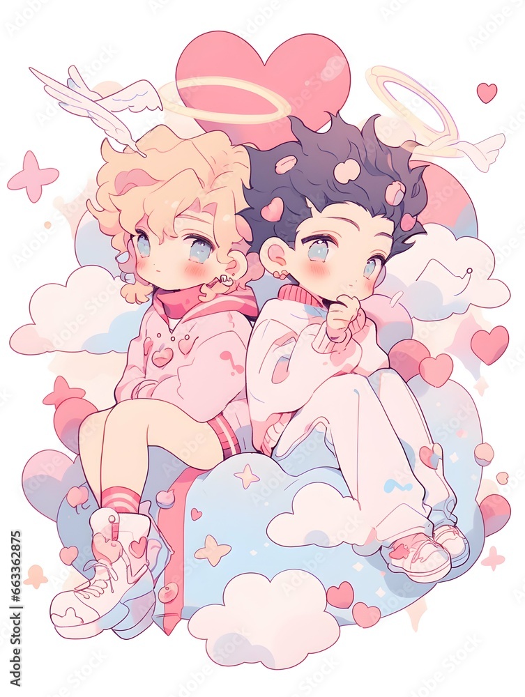 Cute LOFI anime manga style illustration, love couple Cute LOFI anime manga style illustration, love couple