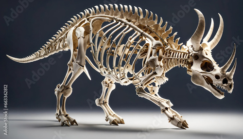 Fossil skeleton of Dinosaur three horns Triceratops ready to fight isolated on white background. Generative ai © Maxim Chuev