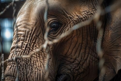 Fototapete Close up of sad caged elephant behind bars