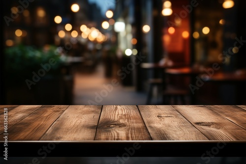 Empty table before a restaurant backdrop, ideal for product presentation photo
