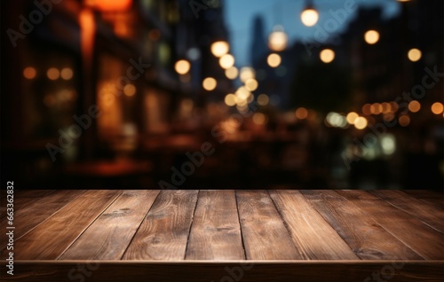 Empty table before a restaurant backdrop, ideal for product presentation