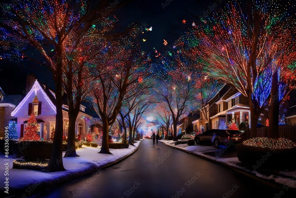 A suburban street lined with synchronized musical light displays, creating a stunning visual and auditory Christmas experience