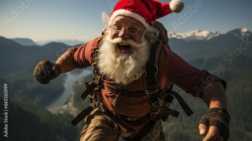 A bearded man wearing a Santa hat bungee jumping in a thrilling holiday adventure photo