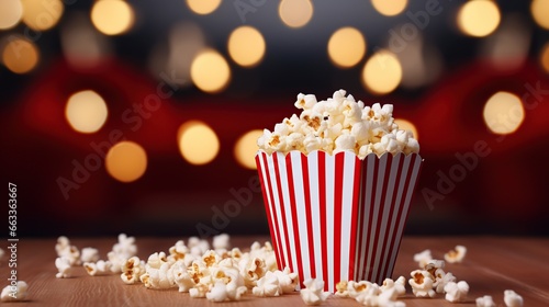 Striped red white box color with popcorn on blur background. AI generated image