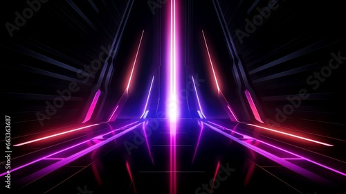 Abstract futuristic neon glowing lamps in dark corridor, Technology background