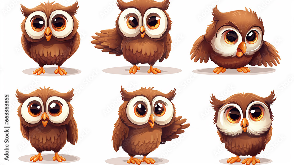 Fototapeta premium collection of cute cartoon owls on a white background set