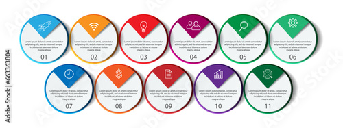 eleven step infographic design, simple infographic template, with various colors, lines, icons and numbers, suitable for your business presentations
